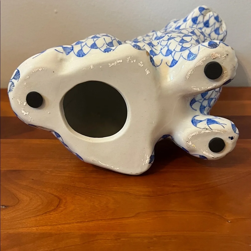 Blue White Fishnet Porcelain Herend Style Dog Vintage Chinoiserie Decor - Picture 7 of 7